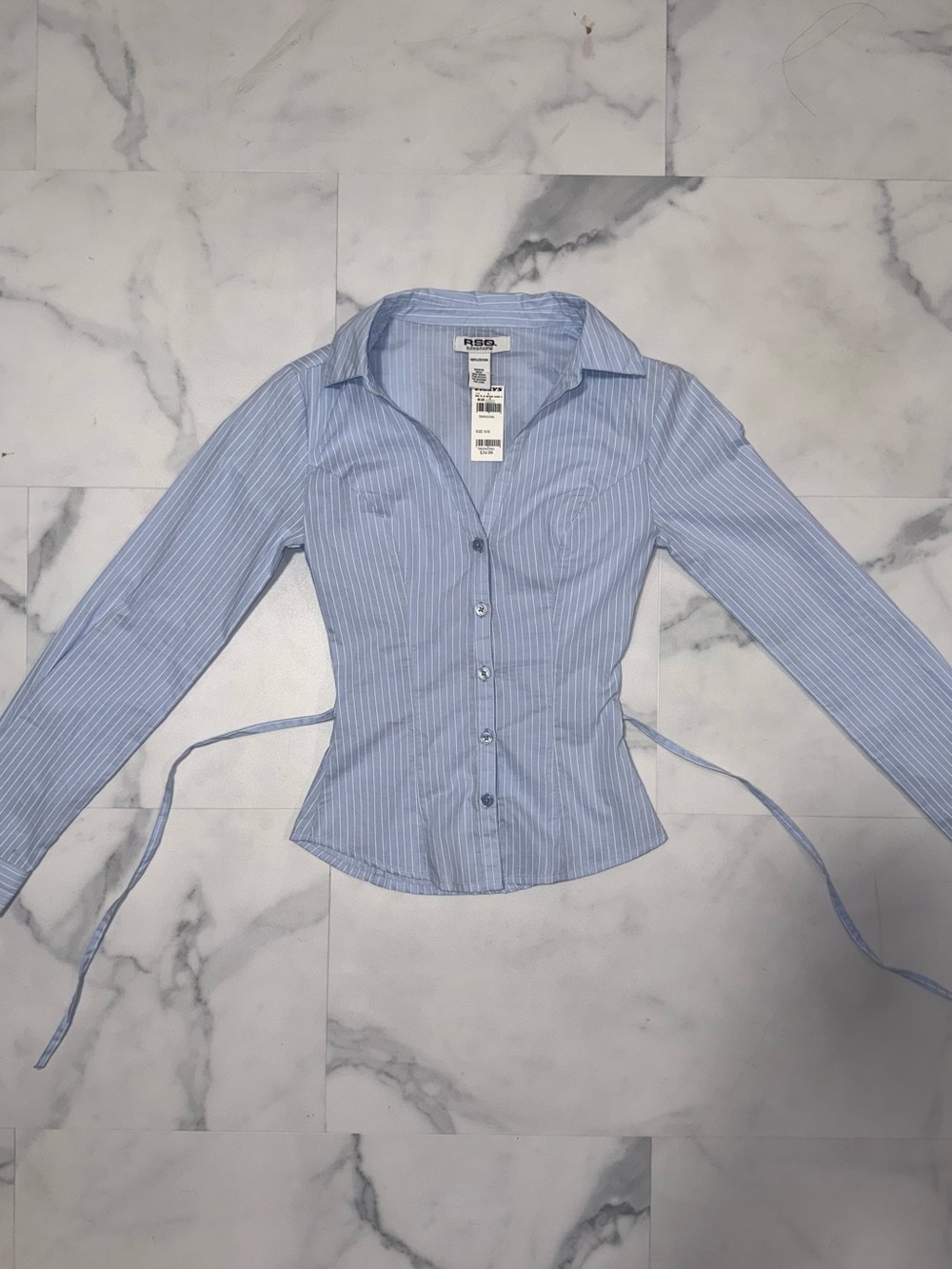 Tilly’s RSQ Light Blue Pinstripe Button-Up Tie-Waist Shirt